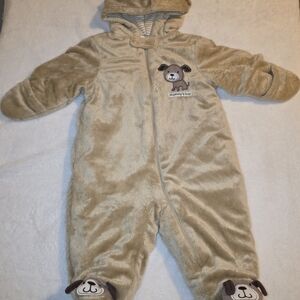 Tan Hooded Baby Onesie with Puppy Design